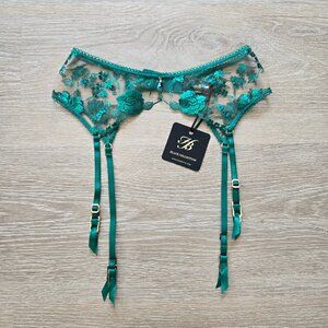 Honey Birdette Whitney Emerald Garter Belt XS Floral Embroidery New With Tags